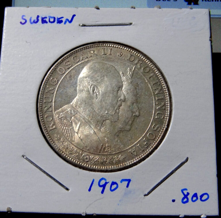 Read more about the article 1907 Sweden 2 Kronor Golden Wedding Anniversary .800 Silver Coin