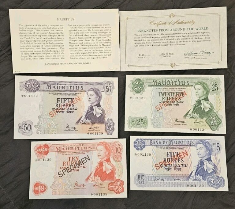 Read more about the article BANK OF MAURITIUS COMPLETE SPECIMEN SET W/COA 1978 001139 LOW SN RARE MINT COND