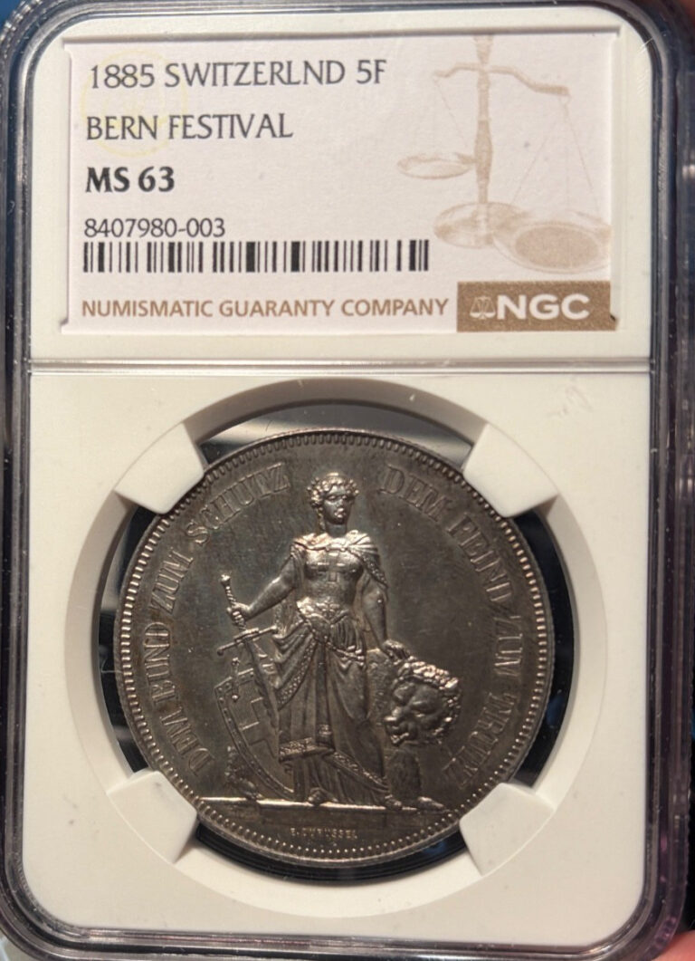 Read more about the article 1885 SWITZERLAND BERN Swiss SHOOTING FESTIVAL Silver 5 Francs NGC MS 63 Coin