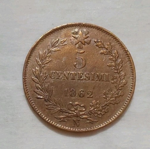 Read more about the article 1862 N Italy 5 Centesimi Coin – Red Copper  Uncirculated  Nice Patina  KM#3.3