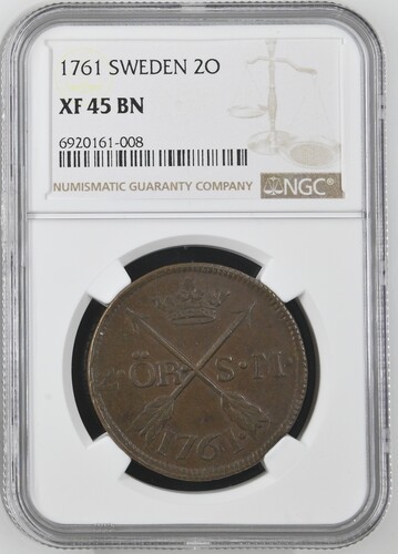 Read more about the article 1761 SWEDEN 2 ORE NGC XF 45 BN Certified Coin