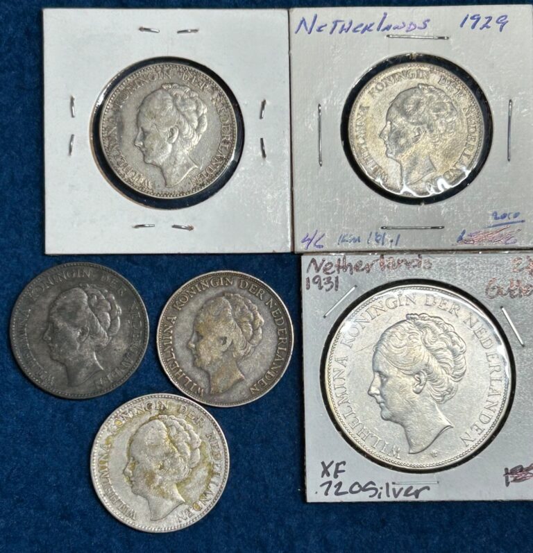 Read more about the article Lot 5 Netherlands and Curacao Silver Coins (1) 2.5 1931 (5) 1 Gulden Fineness .720