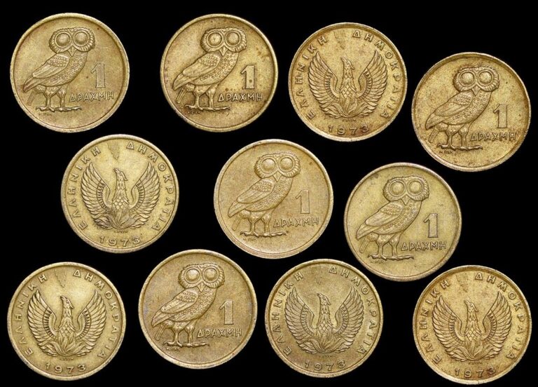 Read more about the article Set of 12 Greek 1 Drachma KM107 (C) Nickel-Brass Coins 1973 Regime of Colonels