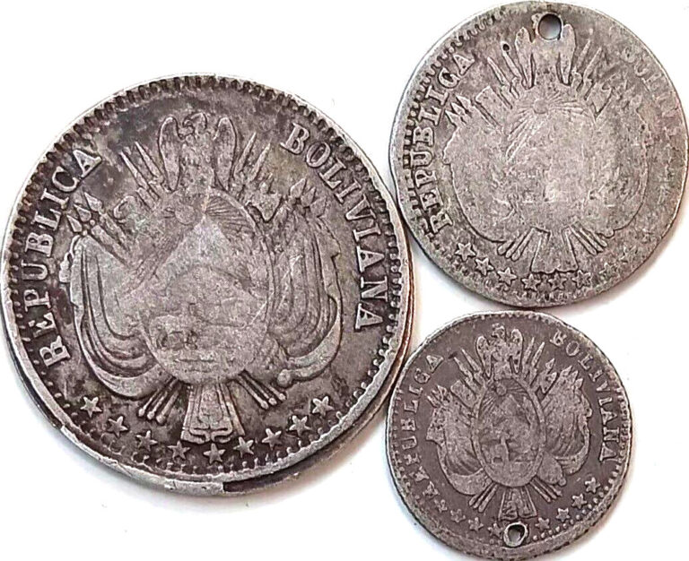 Read more about the article Bolivia Silver Coin Lot: 18?4 1/20 Boliviano  1865 1/10 Bol.  1864 1/5 Boliviano