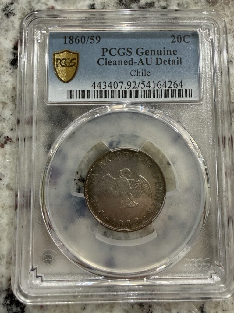 Read more about the article 1860/59 Chile 20 Centavos PCGS Genuine AU Details Cleaned