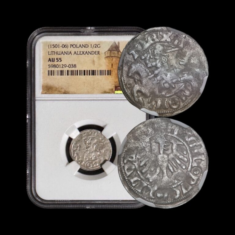 Read more about the article LITHUANIA. c. 1495  1/2 Groschen  Silver – NGC AU55 – Vytis Horseback Eagle
