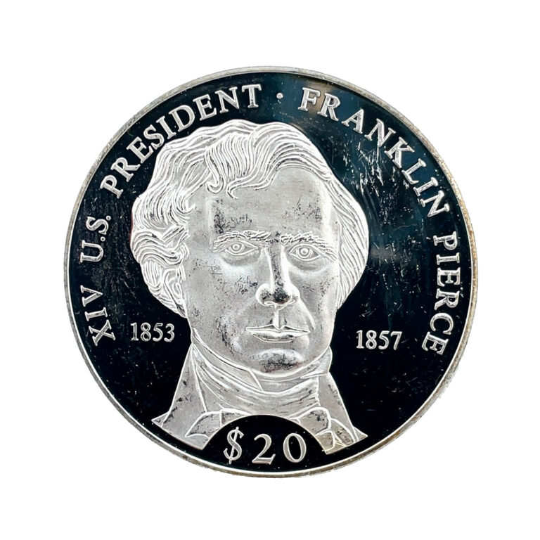 Read more about the article 2000 Liberia  $20 Dollar Franklin Pierce  .999 Silver Proof Coin 40mm 20 Grams