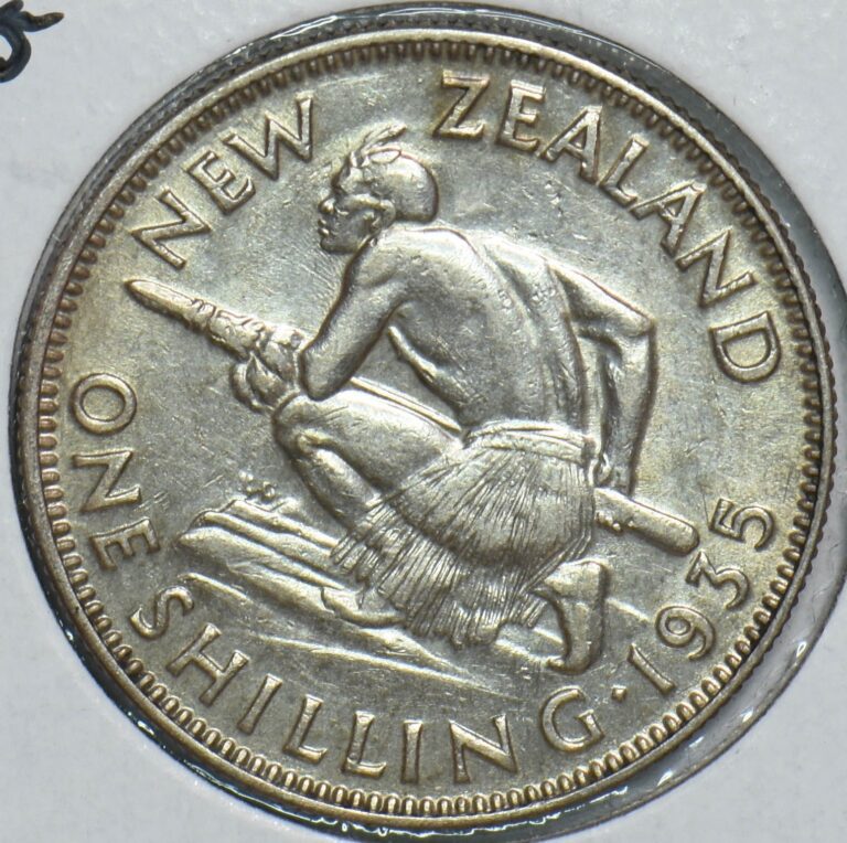 Read more about the article New Zealand 1935 Shilling Silver Maori Warrior George V King 298726 combine ship