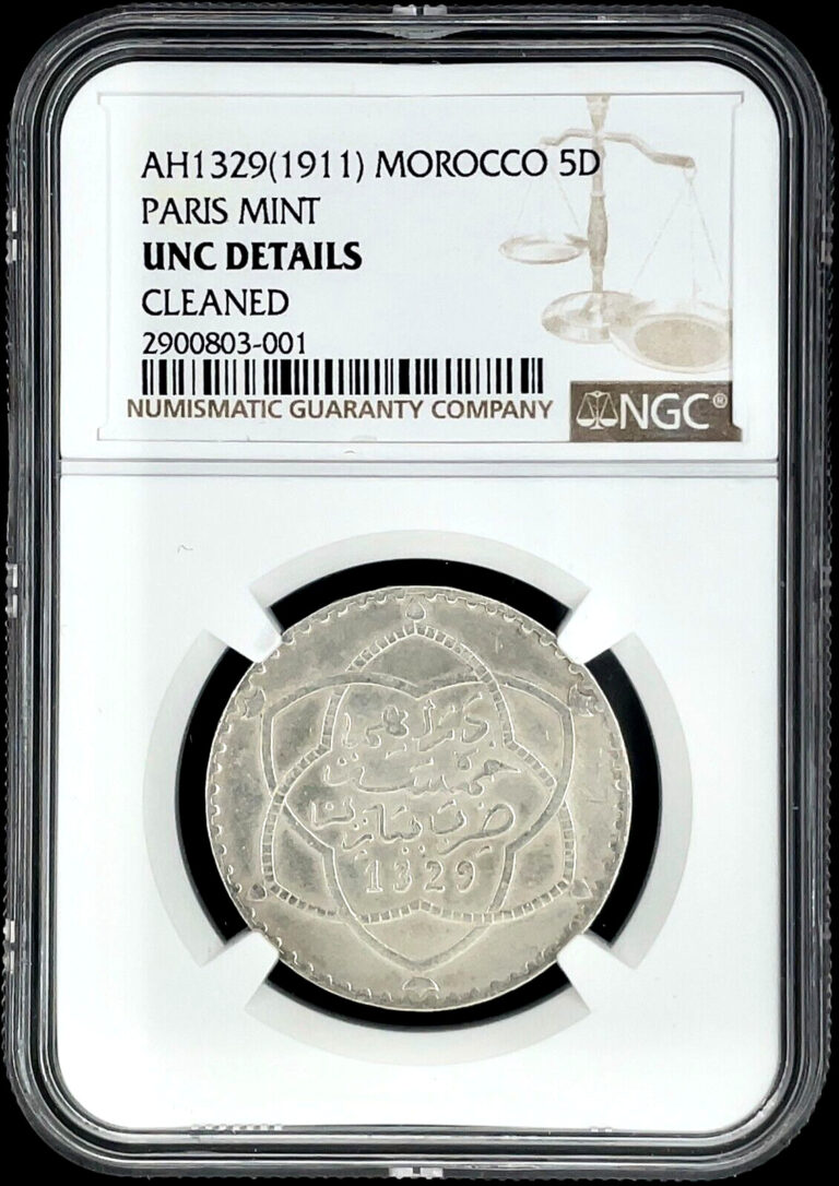Read more about the article (1911) AH 1329 Morocco 5 Dirhams Paris Mint  NGC UNC Details Cleaned  KM Y#24
