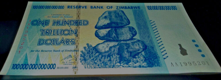 Read more about the article 5 Zimbabwe 100 Trillion Dollars 2008 AA P-91 Banknote New UNC Zim Currency w/COA