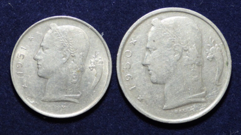 Read more about the article Belgium 1951 1 Franc 1950 5 Francs Copper-Nickel Coins KM 143.1 and 135.1
