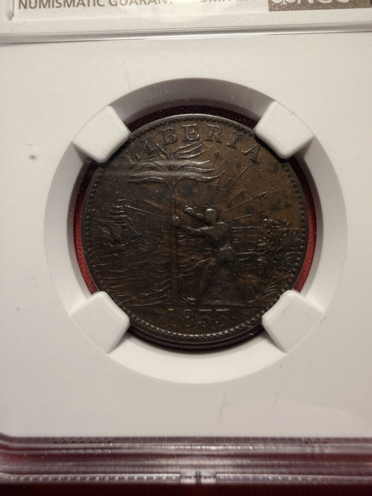 Read more about the article Liberia 1833 One Cent Coin CH-2 Ship 14 Rays 12 Leaves NGC XF 40 BN