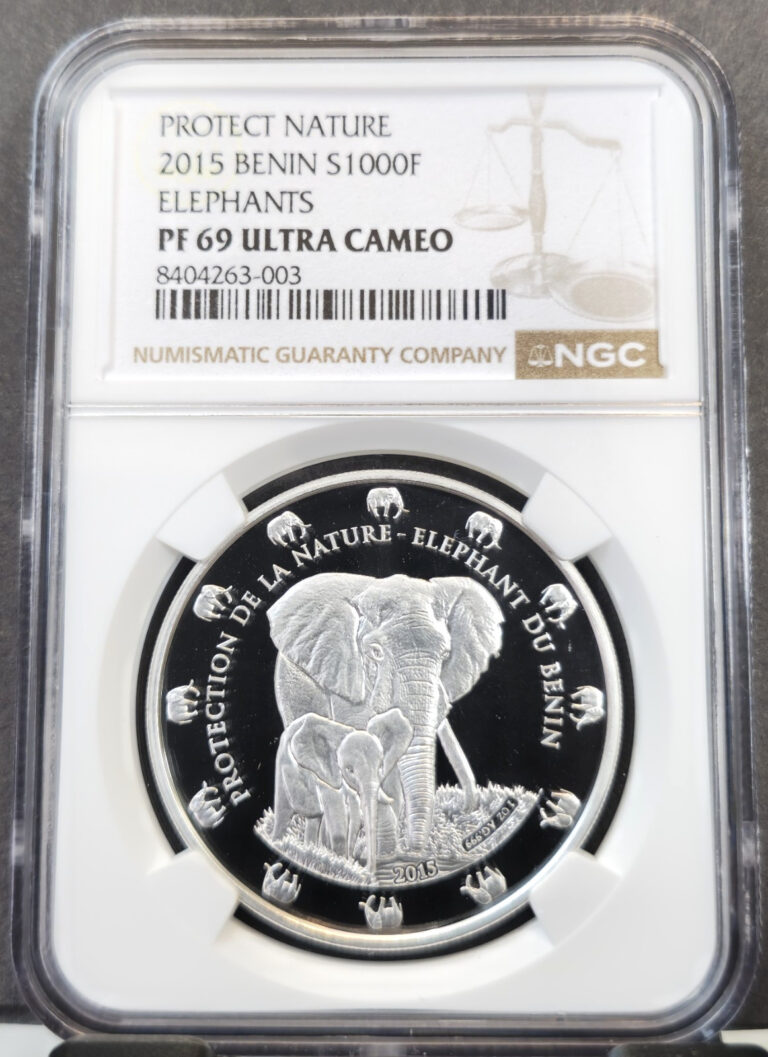 Read more about the article 2015 BENIN SILVER 1000 FRANCS AFRICAN ELEPHANT NGC PF 69 ULTRA CAMEO RARE GEM