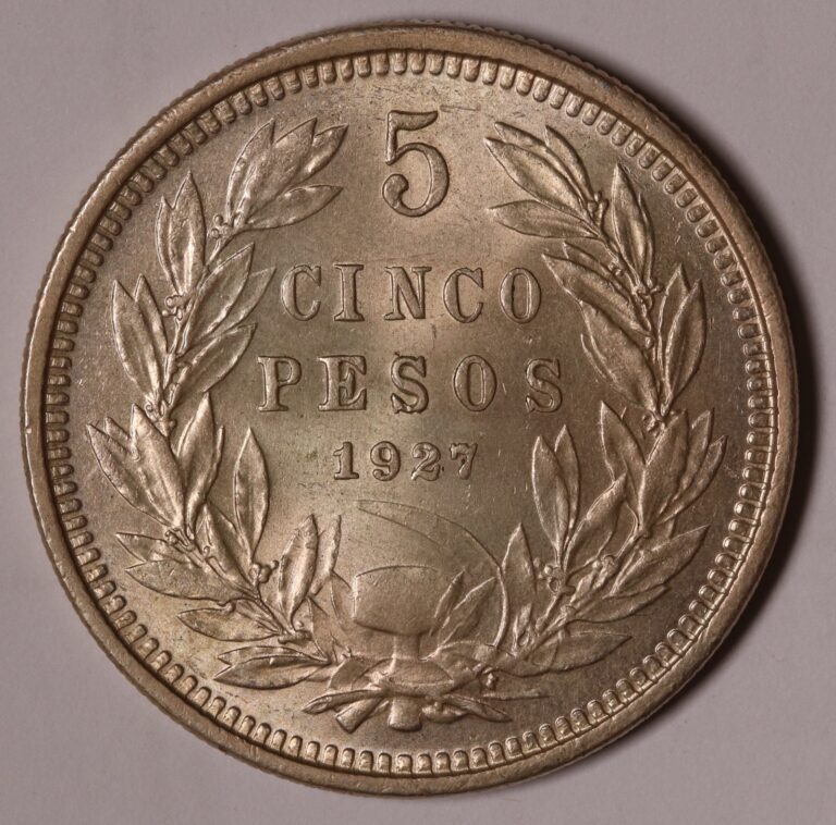 Read more about the article 1927 Chile 5 Pesos Silver (90%) Coin KM# 173.1  Wide 5 (3mm) Unc