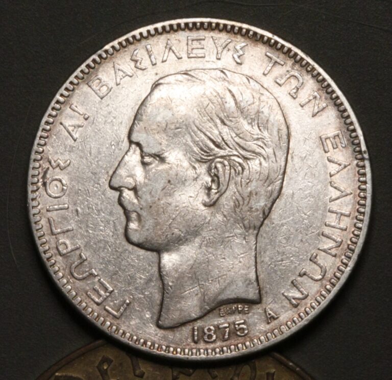 Read more about the article 1875 A GREECE 5 Drachmai .900 Silver AU KM# 46