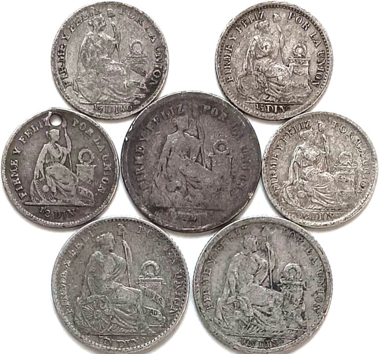 Read more about the article Peru .90 Silver Coin Lot ???? 1895 1905 1913 1/2 Din. 1866 1903 1905 Un 1 Dinero