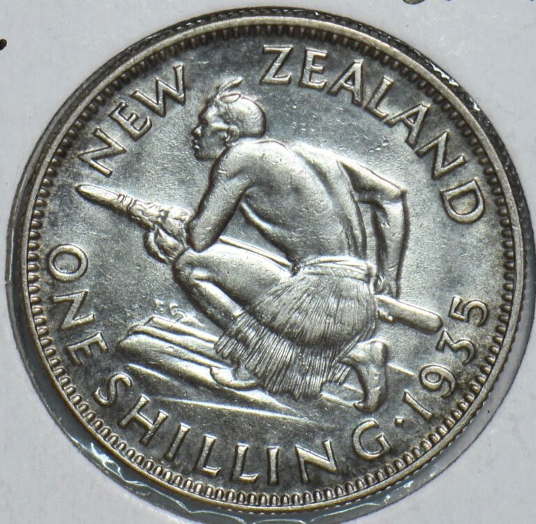 Read more about the article New Zealand 1935 Shilling Silver Maori Warrior George V King 298727 combine ship