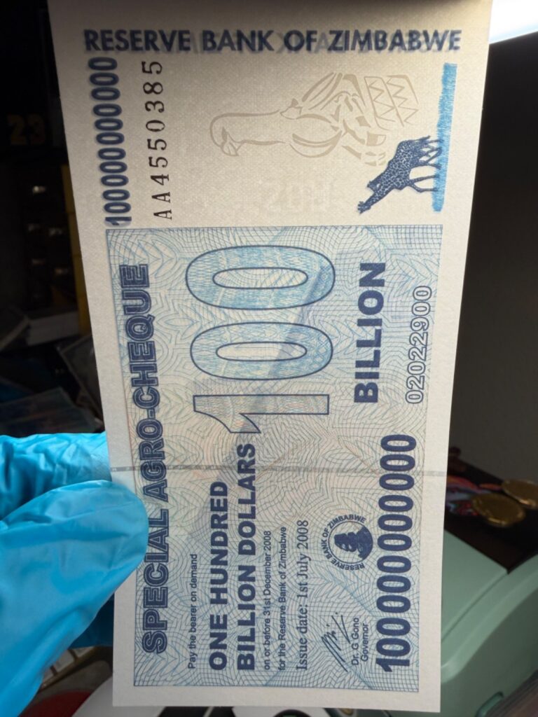 Read more about the article Authentic Zimbabwe 100 Billion Dollars  UNCIRCULATED Special Agro Cheque AA/2008