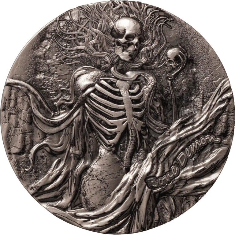 Read more about the article 2025 Cameroon Bone Demon 2 oz Silver Antiqued Colorized Coin