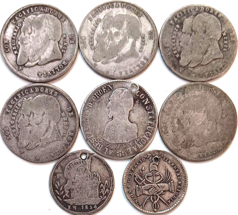 Read more about the article Bolivia Silver Coin Lot 1865 1/4 Melgarejo x5 1849 1854 1863 Proclamation Medals