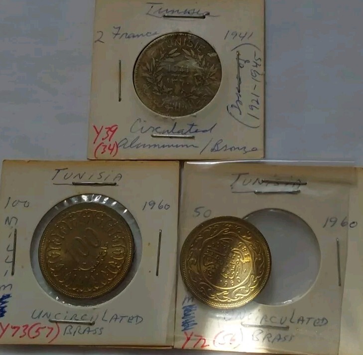 Read more about the article Tunisia 2 Francs Token Coin 1941 + 50 and 100 Millim 1960 Brass Coins-KM#248
