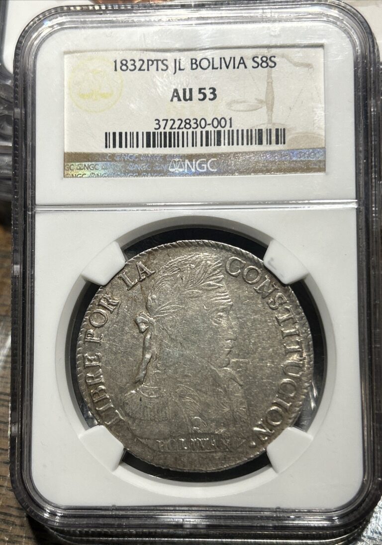 Read more about the article 1832 PTS JL Bolivia Silver 8 Soles NGC AU 53