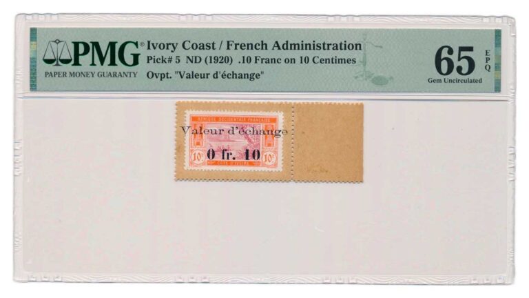 Read more about the article IVORY COAST banknote 0.10 Franc on 10 Centimes 1920 PMG MS 65 EPQ Gem Unc