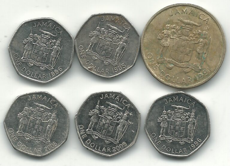 Read more about the article LOT 6 A JAMAICA ONE DOLLAR COINS-1991 1995 (2)1996 2005 2006-MAY222