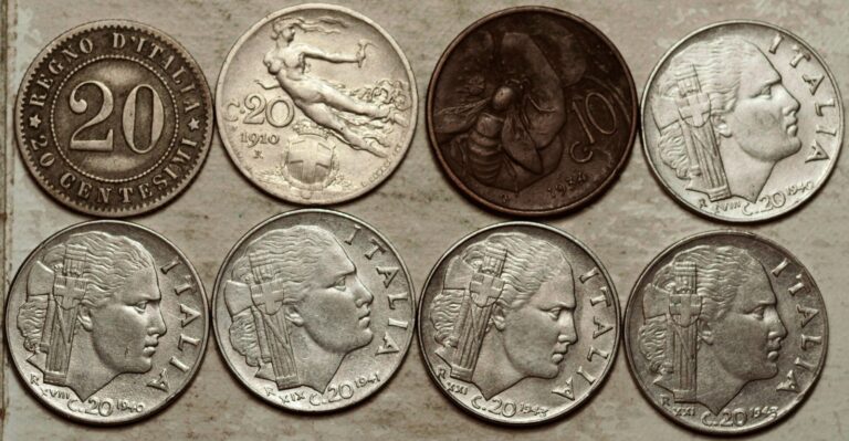 Read more about the article 1894 – 1910 – 1934 –  1940 – 1941 – 1943 ITALY EIGHT COINS 10-20 CENTESIMI