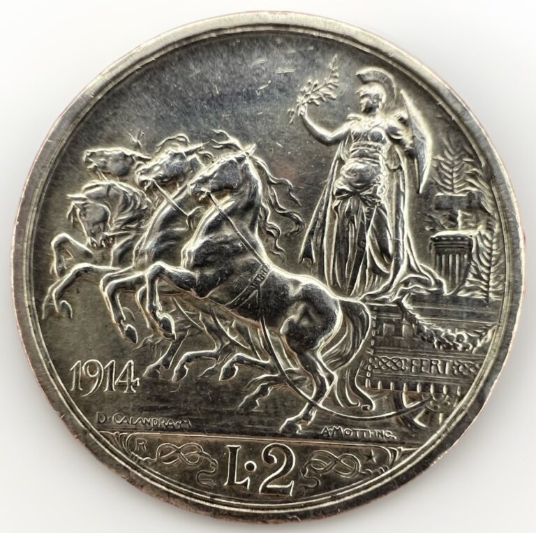 Read more about the article Italy 2 Lire  1914 R  Quadriga  Vittorio Emanuele III  Silver KM#55 10gr Gh1081