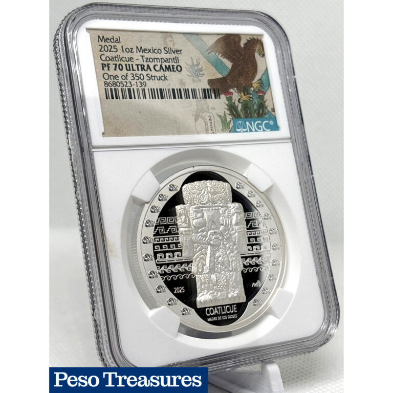 Read more about the article 2025 Mexico 1oz Silver Medal Coatlicue PF70 Ultra Cameo – Only 350 Minted