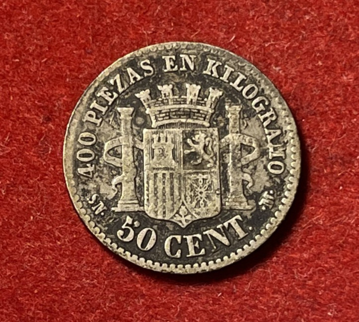 Read more about the article Spain 50 Centimos 1869 Silver Coin KM#651 T10012a