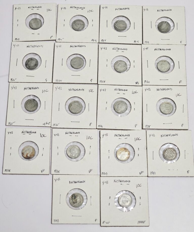 Read more about the article Lot of 18 Netherlands 10 Cents Silver Coins – 1913-1944 –  Wilhelmina -FREE SHIP