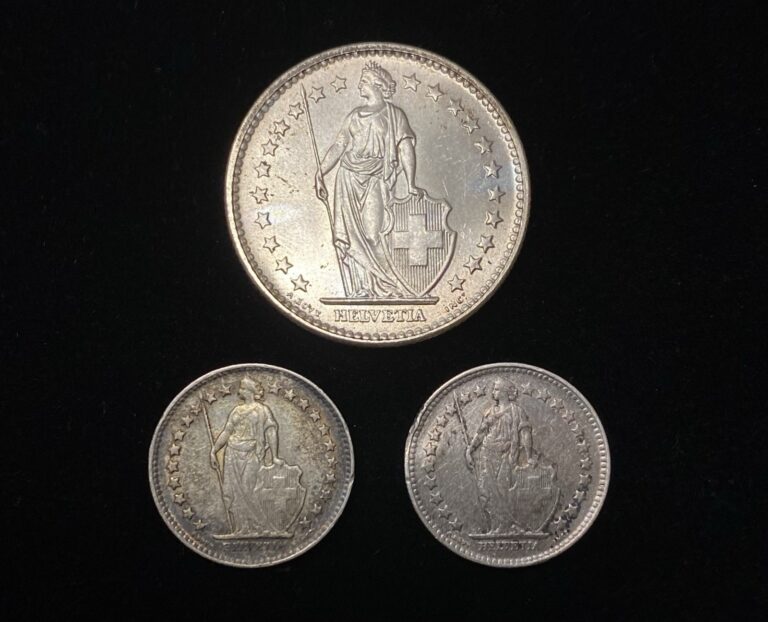 Read more about the article Lot of 3 Swiss 83.5% Silver Coins 1965 2 Francs  1946 1/2 Franc  1920 1/2 Franc