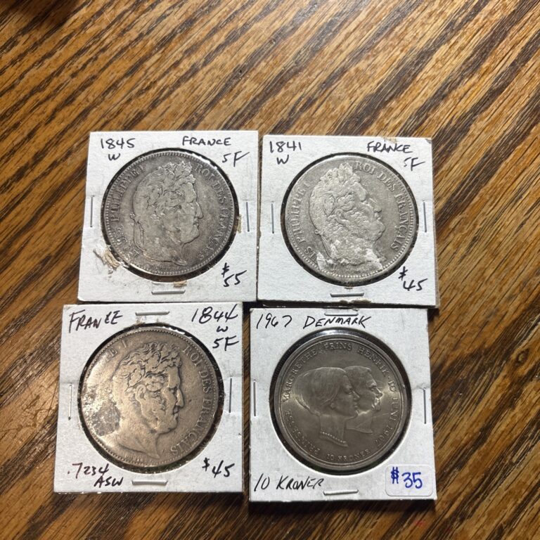 Read more about the article 1845 1841 1844 France SF 5 Francs Lot of 3 (1)1967 Denmark 10 Kroner VF-XF