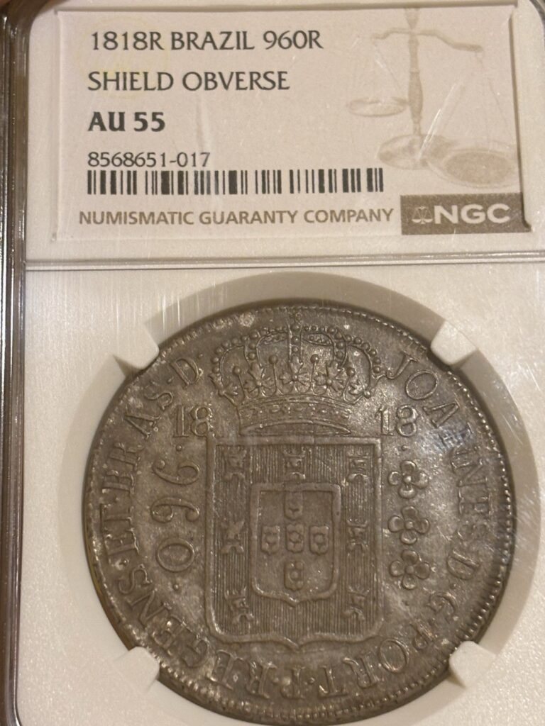 Read more about the article 1818 R Brazil 960 Reis Gorgeous Original NGC AU 55 Overstruck
