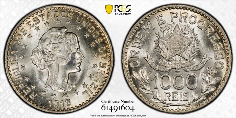 Read more about the article 1913 A Brazil 1000 Réis  Silver  KM-513  PCGS MS-65